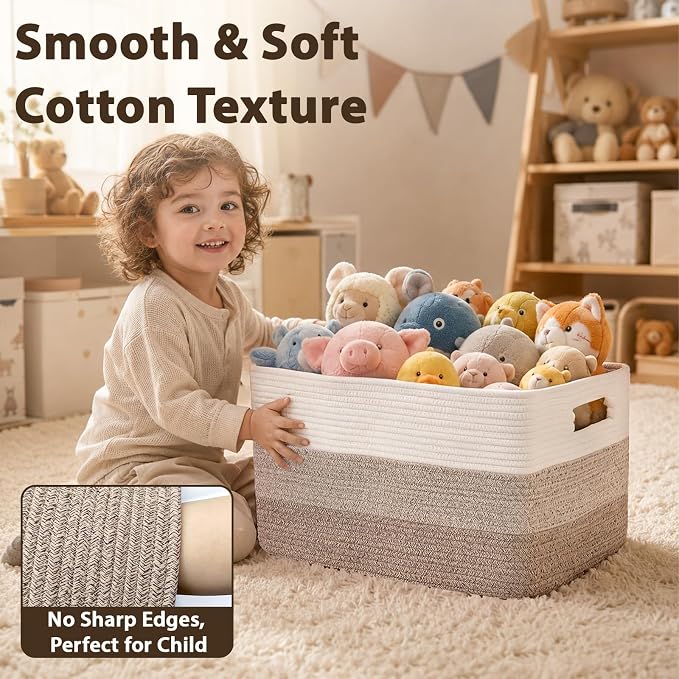 Optish 75L Large Woven Blanket Basket, Storage Basket with Handles | Sturdy Cotton Rope Basket Organizer Blanket, a lot of Toys, Comforter, Pillows, Bedroom, Living Room, Bathroom, Easy to Carry