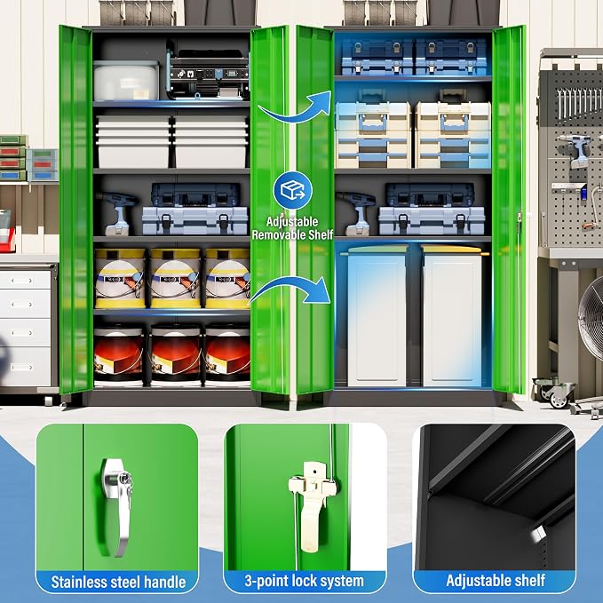 Greenvelly Metal Storage Cabinet with Doors and Shelves, 72" Inch Locking Metal Cabinet,Garage Storage Cabinet for Garage Office School Warehouse (Black Green)