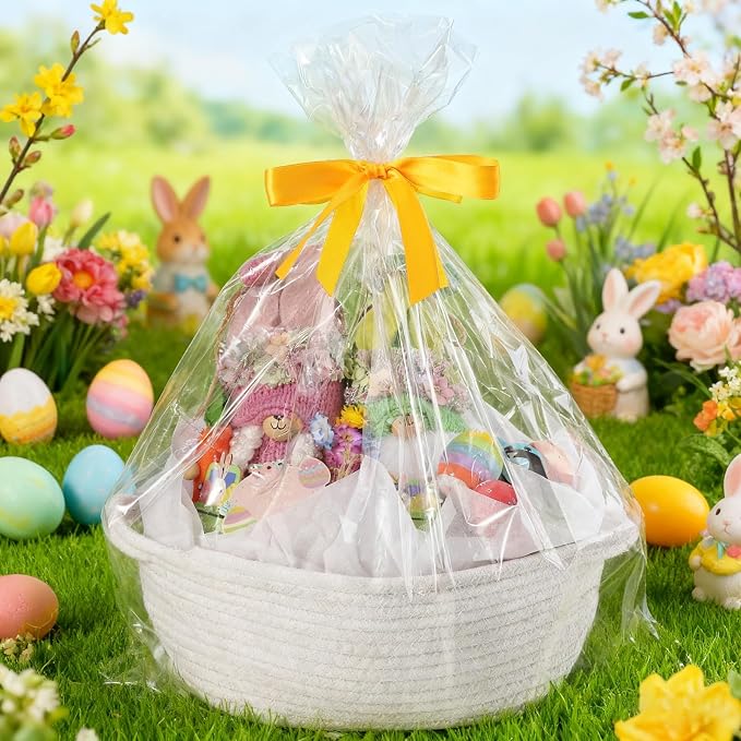 woric Small Woven Gift Basket Storage Baskets Back to School Baskets | Cotton Rope Basket Includes Gift Bag Card Ribbon & Tissue Paper for Gifts Storage Baby Shower Wedding Halloween Gifts