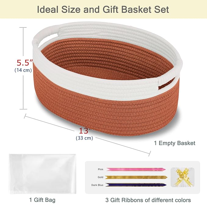 Small Woven Gift Basket with Bag & Ribbons, Autumn Glaze | Cotton Rope, 13”x 9”x 5.5”, Fits for Kids, Women & Men, Bedroom, Living Room, Nursery & Bathroom Storage, Cat & Dog Toy Boxes