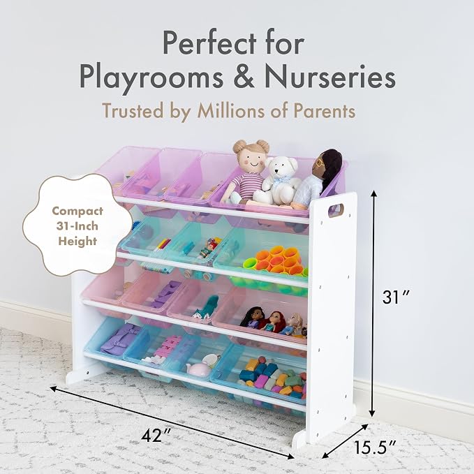 Humble Crew Kids Toy Organizer with 16 Bins, 4 Tier Storage for Playroom | Sturdy wood and steel toddler shelf, removable BPA-free containers, wall anchor anti-tip safety kit for bedroom or classroom