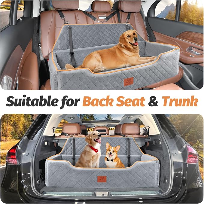 XIEEAOZEE Large Dog Car Seat for Pets Under 100 lbs, Backseat Dog Car Bed | Washable Pet Booster Seat for 2 Medium Dogs, Pet Travel Seat with Storage Pockets, Safety Belts