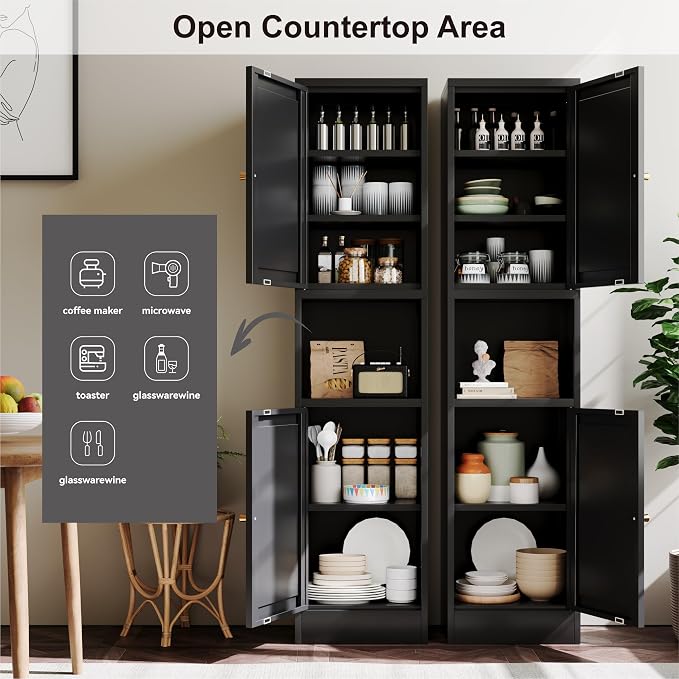 YAUWOH 2-Door Metal Storage Cabinet, Tall Slim Pantry Organizer with 3 Adjustable Shelves (120LBS/Shelf), Anti-Tipping Waterproof Cabinet for Bathroom/Kitchen/Home Office/Small Spaces, (1PC,Black)