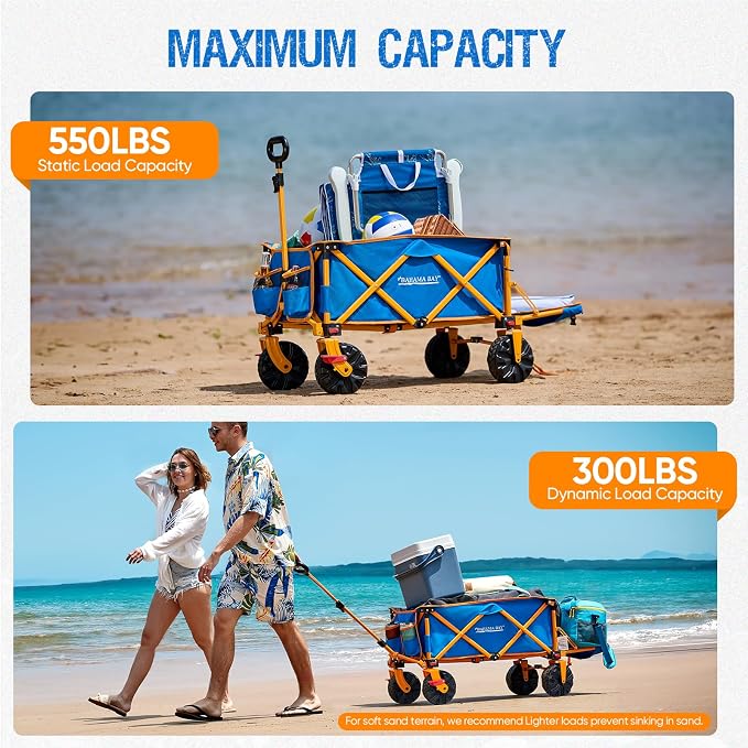 Old Bahama Bay 300lbs Extra Long 49" L Beach Wagon with Big Wheels with Brake for Sand, Collapsible Utility Beach Cart Heavy Duty Folding Wagon,Ideal for Outdoor Sand Camping Garden Pet