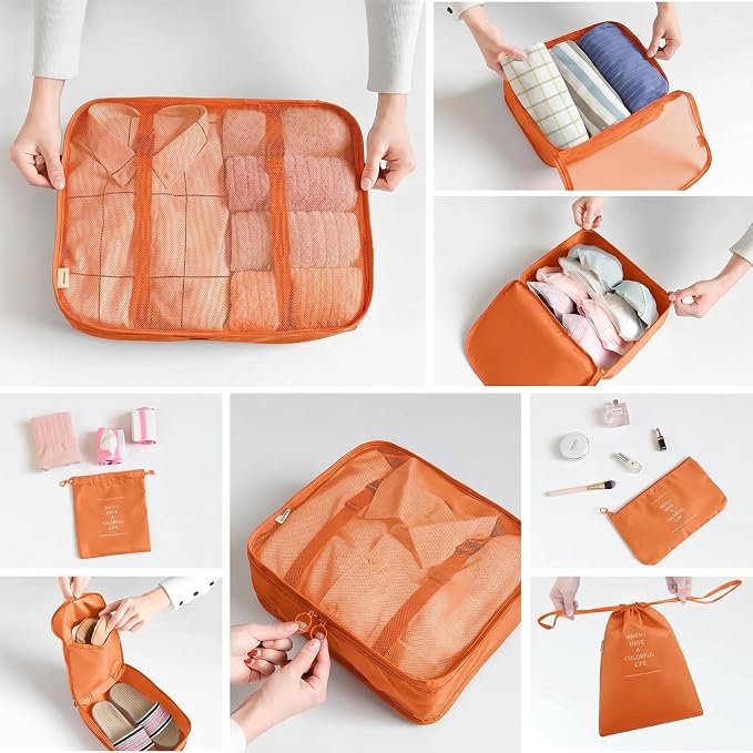 LANSKLBD 6/8 Set Packing Cubes for Suitcases Travel Luggage Packing Organizers,Travel Accessories Essentials Luggage Organizer with Shoe/Tioletry/Laundry Bag (Orange, 8 set)