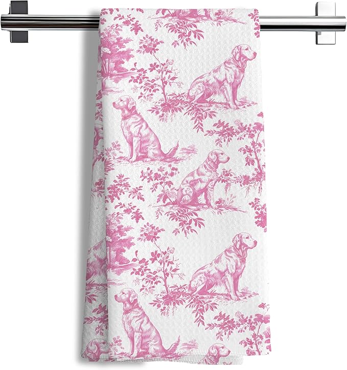 Pink Chinoiserie Dachshund Kitchen Towels, Blue and White Floral Botanical Dachshund Decorative Dish Tea Towels, Grandmillennial Weiner Dog Hand Towels for Kitchen Bathroom, 16x24 Inch