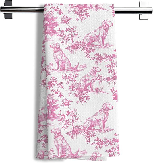 Pink Chinoiserie Dachshund Kitchen Towels, Blue and White Floral Botanical Dachshund Decorative Dish Tea Towels, Grandmillennial Weiner Dog Hand Towels for Kitchen Bathroom, 16x24 Inch