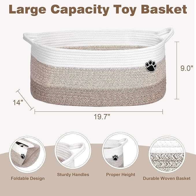 Optish 40L Extra Large Dog Toy Basket, 20" x 14" x 9" XL Toy Storage Box and Bin with Handles, Woven Cotton Rope Foldable Basket for Blankets, Living Room, Bedroom, Home Decor, White & Brown