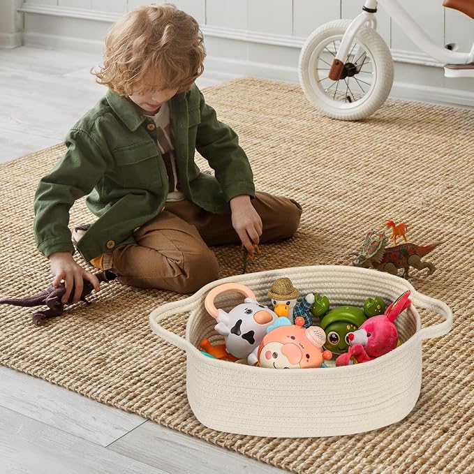 Small Woven Cotton Rope Basket Cute Baby Gift Baskets Empty Decorative Storage for Organizing Shelves Closet Baby Nursery Basket Bin Toy Storage tote Organizer 13.7"x10.2"x 5" Pure White easter