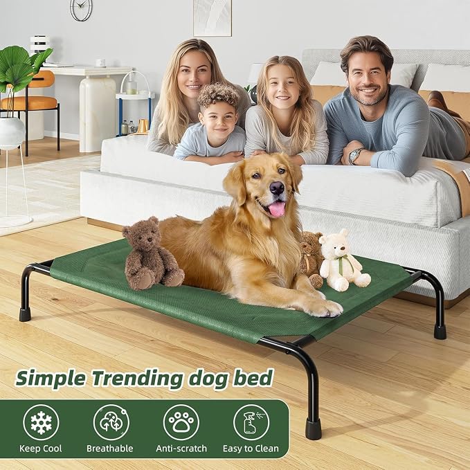 Simple Trending Outdoor Elevated Dog Bed, Cooling Raised Dog Cots, Green | Pet Bed for Large Dogs, Waterproof Cover, Breathable mesh, Non-Slip Feet, Suitable for Indoor or Outdoor Use, 47.75" x 30.5"
