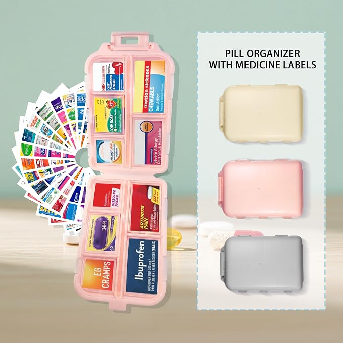 Pill Organizer 3 Pack with 146x3 Medicine Labels, Pink Blue Purple | Set of 3 travel pill cases with 10 compartments each and 146 medicine labels for 7-day planning, daily use, work, and trips