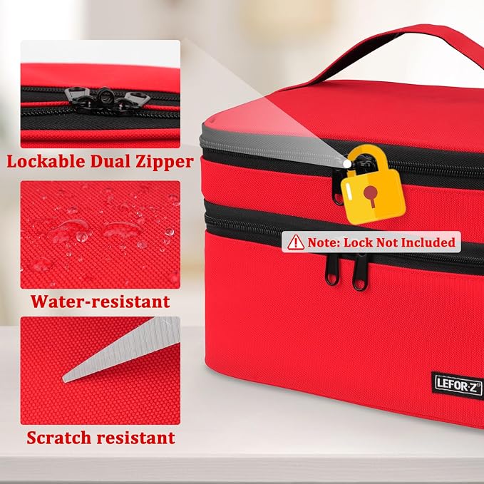 LEFOR·Z Medicine Storage Bag,Double Layers Pill Bottle Organizer Bag Empty | Medical Supplies Bag with Lockable Zipper & Adjustable Divider,Medication Travel Carrying Bag for Pills,Vitamins,Red