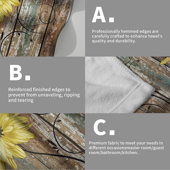 Giwawa Rustic Barn Sunflower Wooden Hand Towel 15x30 Set of 2, Fall Yellow Daisy Flower Plank Fingertip Towel Retro Board Face Towel Country Barnwood Washcloth for Bathroom Farmhouse Log Cabin