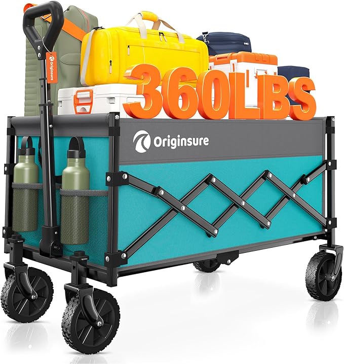 Originsure 110L Portable Foldable Wagon Cart, 360lbs Heavy Duty, Turquoise | All-Terrain Wheels,Solid Steel Frame,Adjustable Handle,Compact&Space-Saving,Utility for Camping,Sports,Grocery,Garden
