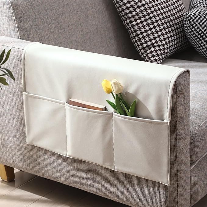 Sofa Armrest Cover with Pockets Set of 2 Furniture Protector Slip Technical Fabric Non Slip Recliner Organizer Remote Holder Caddy Accessories for Living Room Bedroom Kitchen Home 24*43.3 Inch Beige