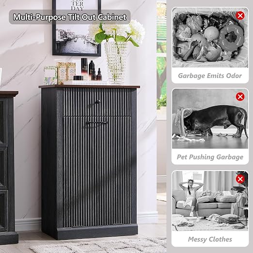 IFGET Tilt-Out Trash Can Cabinet, Fluted Laundry Hamper Cabinet, Dark Gray