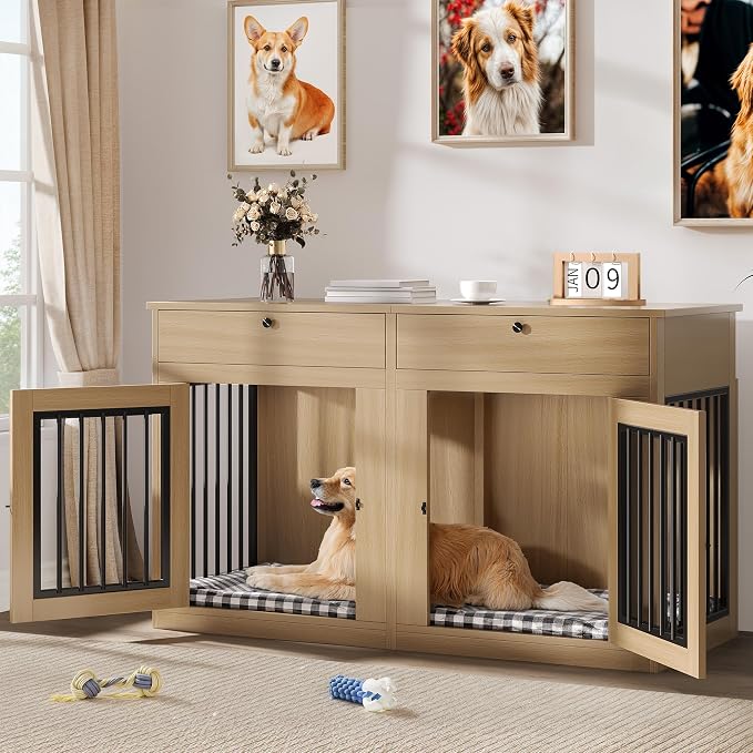 YITAHOME 60" Dog Crate Furniture with Removable Divider & Storage Drawers | Double Door Kennel with Locks for Medium and Large Dogs, Multi-functional Dog Crate End Table, Light Beige