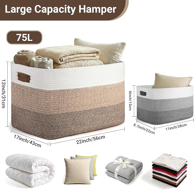75L Laundry Basket Hamper,Gradient Brown/White, 22"x17"x12" | Cotton Rope Blanket Basket,Rectangle Woven Storage Basket for Living Room,Large Shelf Basket for Shoes,Toys, Clothes, Pillows