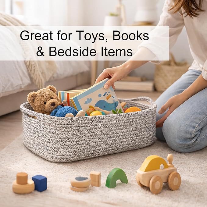 GIFTEXPRESS Gray Woven Basket - 15" x 10" x 5" Cotton Rope Organizing Baskets for Baby Items or Cat & Dog Toys - Cute Soft Gift Storage Bin w/Handles