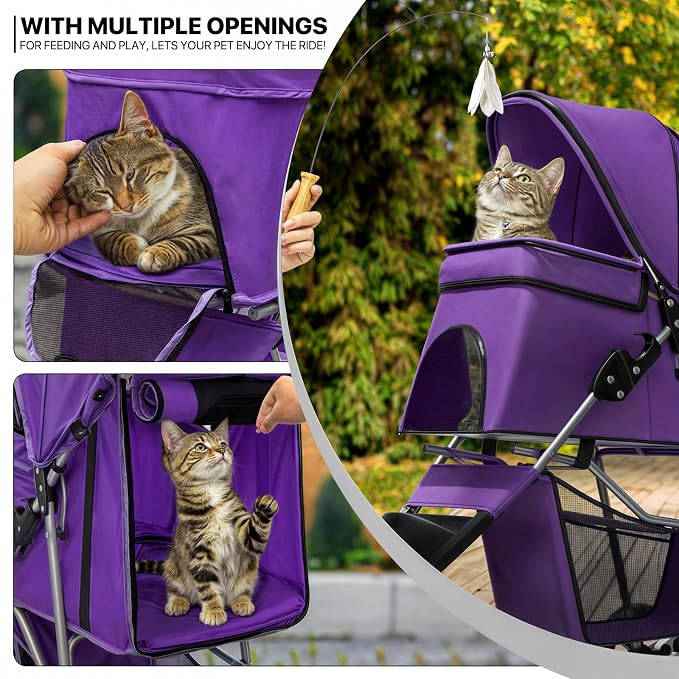 MoNiBloom Pet Stroller for Small/Medium Dogs and Cats up to 33 lbs, Purple | Foldable Dog Stroller 3 Wheels Pet Strolling Cart w/ Storage Basket Cup Holder, Breathable and Visible Mesh for All-Season