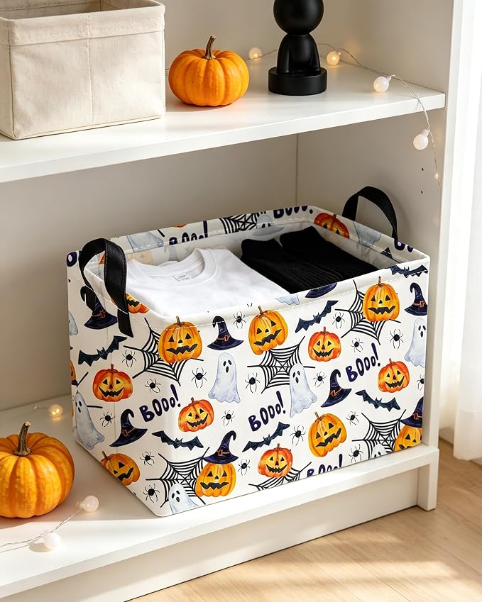 Essme Rectangular Halloween Basket,Ghost Storage Bins Organizer with Handles for Room Decor, Gift Basket.(Watercolor Halloween)