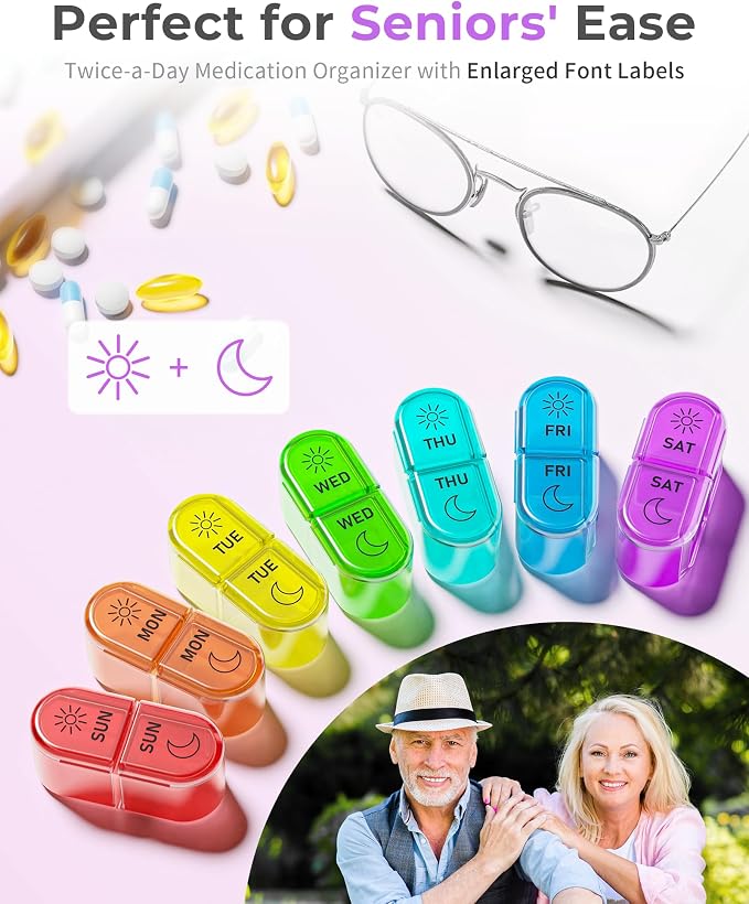 𝐏𝐢𝐥𝐥 𝐎𝐫𝐠𝐚𝐧𝐢𝐳𝐞𝐫, Am & Pm Pill Organizer 7 Days, Weekly Pill Organinzer 2 Times a Day, Pill Box 7 Day, Medicine Pill Organizer for Travel, Vitamins, Fish Oils, Supplements