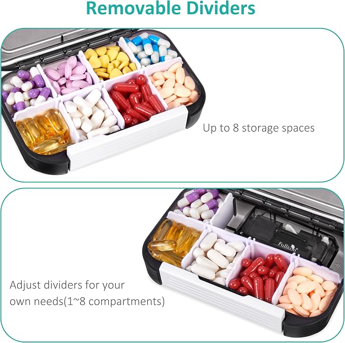 Fullicon Moisture Proof Pill Organizer, 8 Compartment Travel Case, Black | Holds Up to 66 Capsules or 17 Fish Oils, Safety Buckle, Removable Dividers, Labeling Stickers Included, Stackable Design