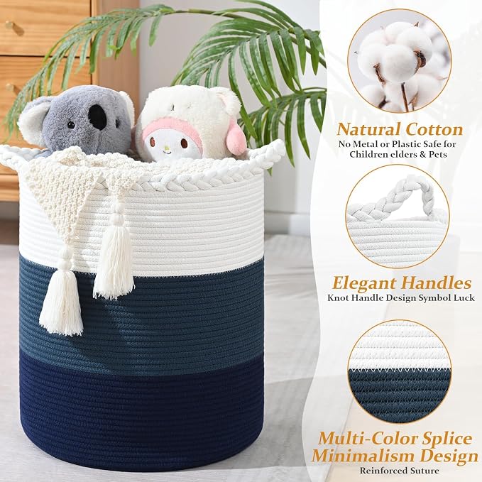 Laundry Hamper for Organizing, 52L Large Laundry Baskets, Cotton Rope Woven Blanket Basket, Collapsible Laundry Hamper for Living Room, Nursery, 15"×18", Dark Blue