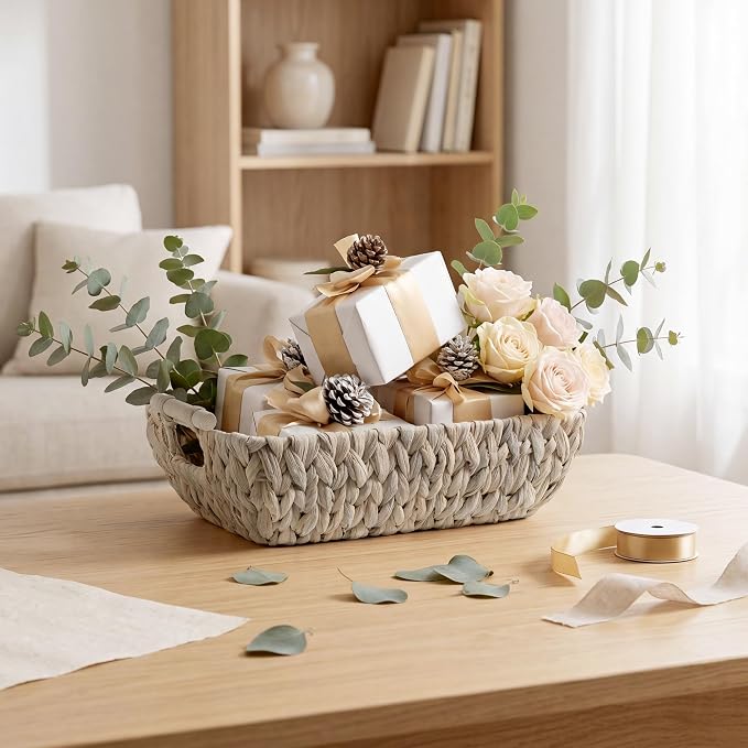 StorageWorks Wicker Baskets for Storage, Storage Baskets for Decor | Wicker Storage Baskets for Shelves, Baskets with Wooden Handles, 2-Pack Gifts Basket for Home Decor, Hand-Woven Basket