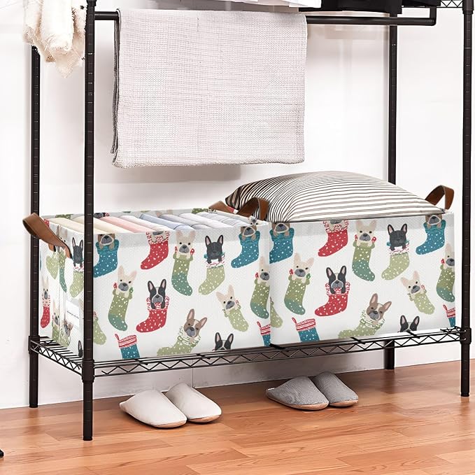 Cute Christmas French Bulldogs Storage Basket Foldable Cube Storage Bins with Handles&Label Waterproof Collapsible Organizer Box Bin Large Rectangle Decorative Baskets for Shelves Home Room Laundry