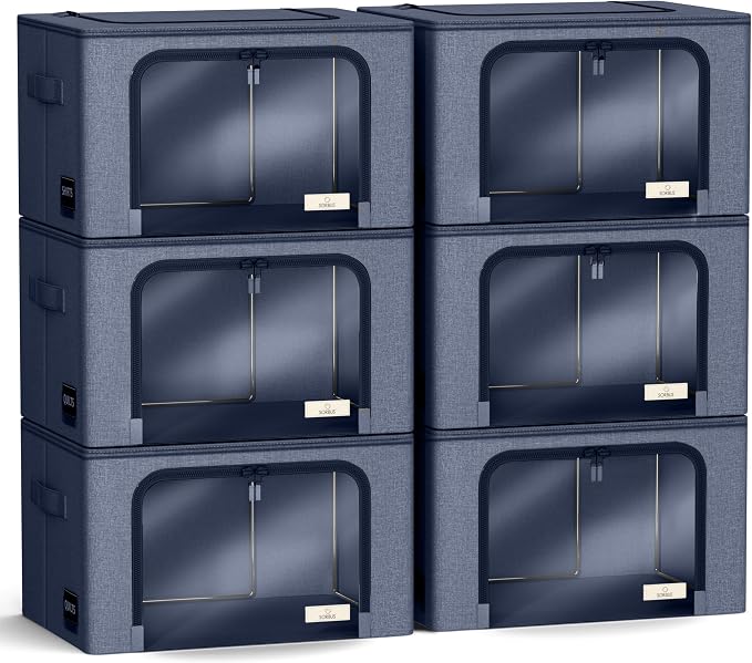 Sorbus Clothing Storage Bins with Clear Window, Metal Frame (6 Pack, Blue) | Oxford-fabric containers with carry handles stack neatly to organize bedding and linens in closets and laundry rooms.