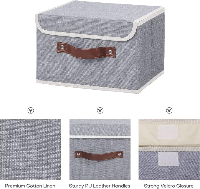 ANMINY Fabric Storage Box Bins with Lids, Gray, 10"x8"x7" | Keepsake Memory Storage, Cotton Linen, PP Board Reinforced, Washable, PU Handles, Foldable & Stackable, Decorative, Small