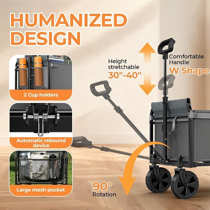 Portable Collapsible Wagon Cart, Foldable Cart with Removable Side, Utility Groceries Wagon for Dogs Cats Camping Beach Shopping Sports Gardeing Fishing, Gray