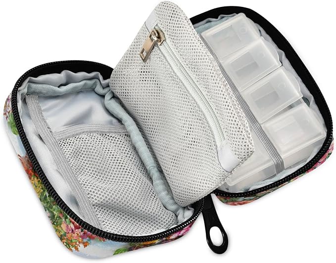 Custom Pill Box 7 Day Pill Case Bag Oil Painting Hawaii Flowers Personalized Name Travel Pill Organizer Bag with Zipper Portable Weekly Case Compact Size for Vitamin Supplement Holder
