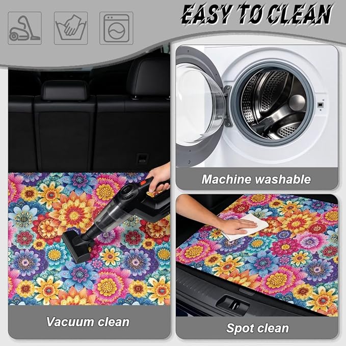 Howilath Bohemian Floral Rear Cargo Mat All Weather Trunk Liner for Cars SUV Truck, Non-Slip Polyester Carpet