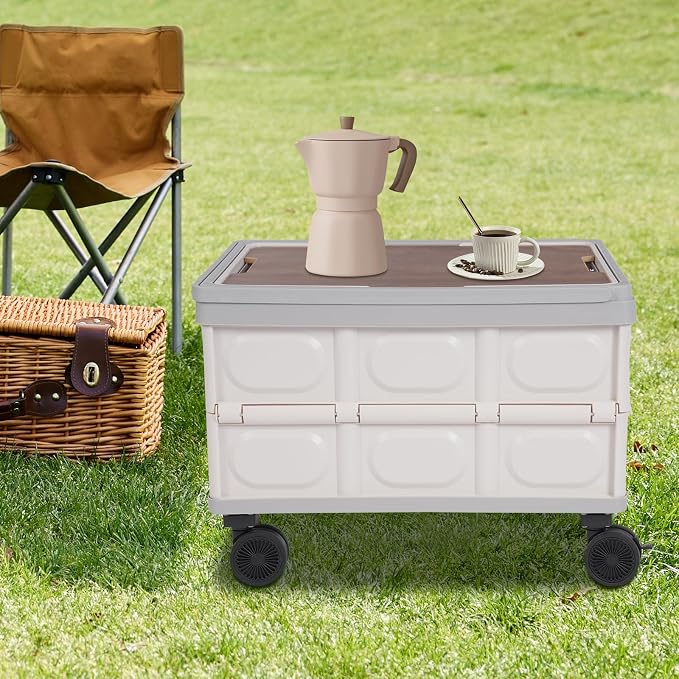 Foldable Crate Cart, 14.53 Gal Portable Wheeled Tote Basket Shopping Storage Trolley Case with 4 360° Rotatable Wheels & Long Handle Capacity 35 Kg/77.16 Lbs for Both Outdoor and Indoor (Grey)