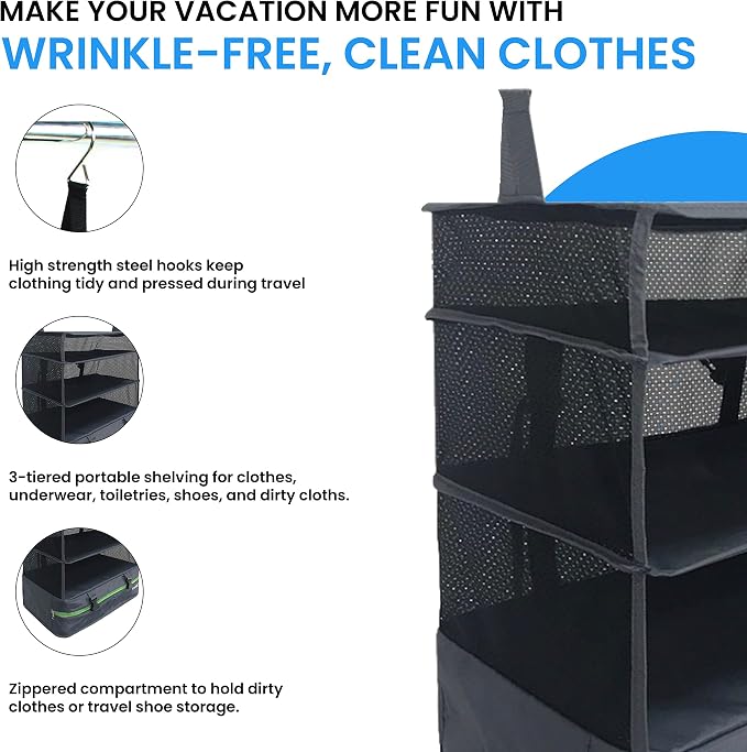 Stow-N-Go Portable Hanging Travel Shelves, Packing Organizer for Luggage. Carry on Closet for Clothes. Expandable Packing Cube. Travel Essentials. Dak Gray - XL