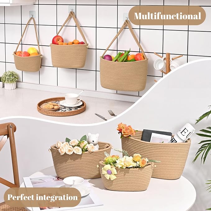 Hanging Basket, 3-Tier Woven Wall Basket with 4 Hooks, Cotton Rope Storage Baskets, Over the Door Organizer for Nursery, Bedroom, Cottage and Boho Wall Decor