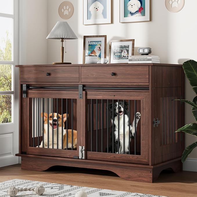 Dog Furniture Crate, 47" Large Dog Crate Furniture w/ 2 Storage Draws & Removable Divider for Large/Medium/Small Dogs