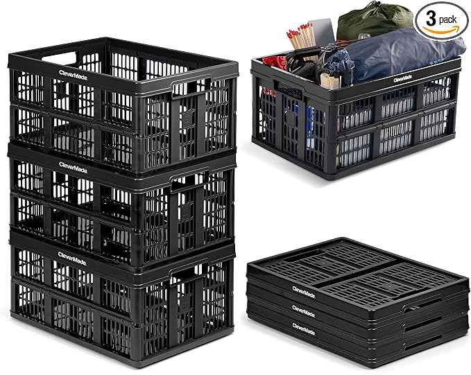 CleverMade Collapsible Utility Crate (Recycled) - 45L - Obsidian (3PK) | Create Stackable Order for Groceries, Tools, and Gear | Each Crate Holds 66 lb, Folds Under 3 Inches, and Carries Easily