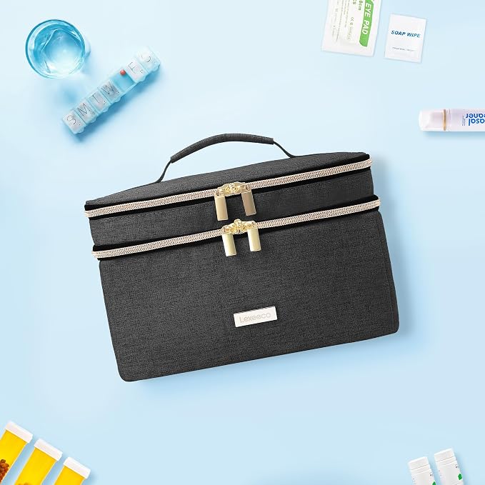 Lexeeco Travel Medicine Pill Bottle Organizer Bag with Portable Small Pouch | Medication Case with Lockable Zipper for Pill,Vitamin,Medicine Storage Box for College Dorm Student,Home,First Aid Bag Empty