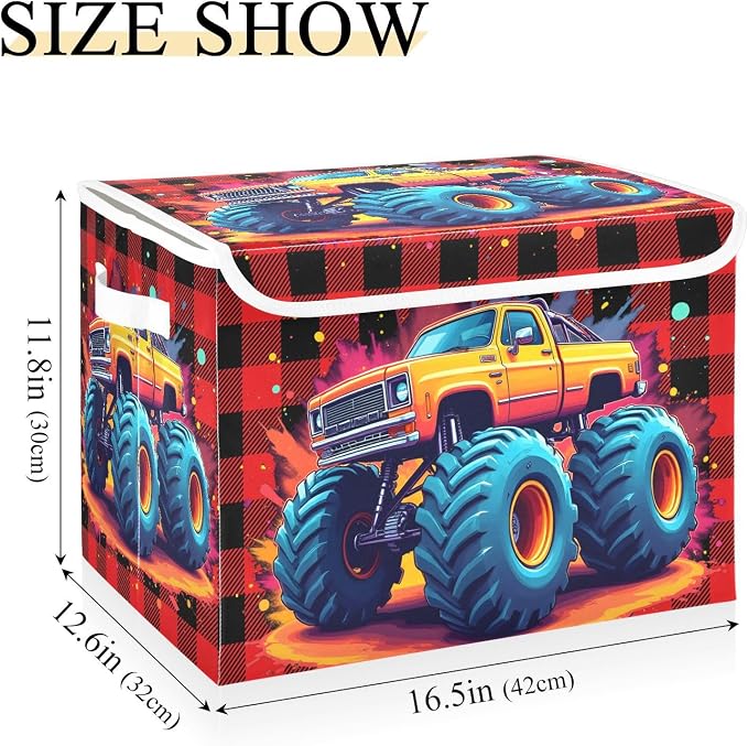 Spatter Trunk Fabric Storage Bins with Lid Closet Storage Basket 40L | Decorative Storage Boxes, Dust-Proof Flip Top, Reinforced Handles, For Home & Bedroom, Clothes & Toy Box, Trunk Fabric Print