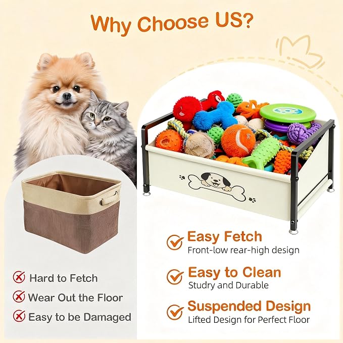Dog Toy Box for Storage, Metal Frame Oxford Fabric Pet Toy Organizer with Raised Legs, Large Capacity Dog Toy Basket with Front Low Opening, Washable and Durable Design