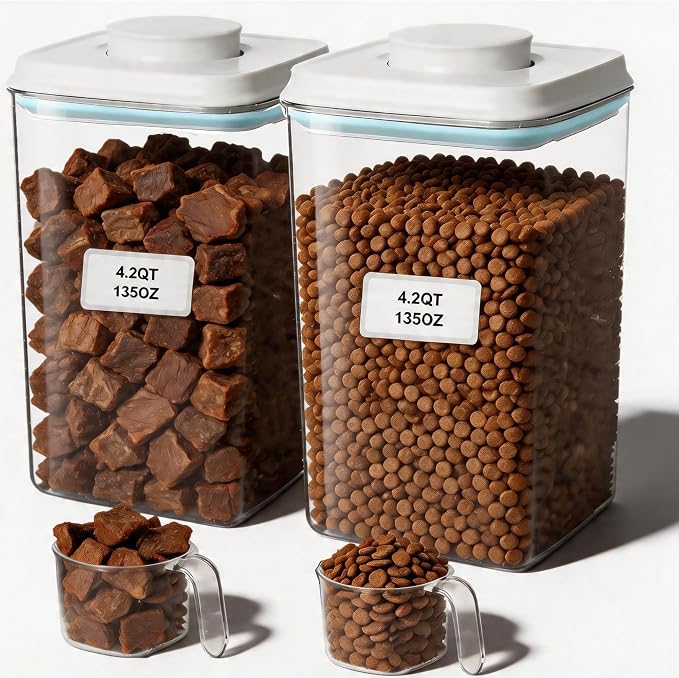 3-5 Lbs Dog Cat Treat Container Pop Pet Food Storage Container 4.2qt *2 | with 0.13qt Measure Scoop Airtight Stackable BPA-Free Pet Storage Bin Canister Pop Lid Plastic Container for Kibble & Treats