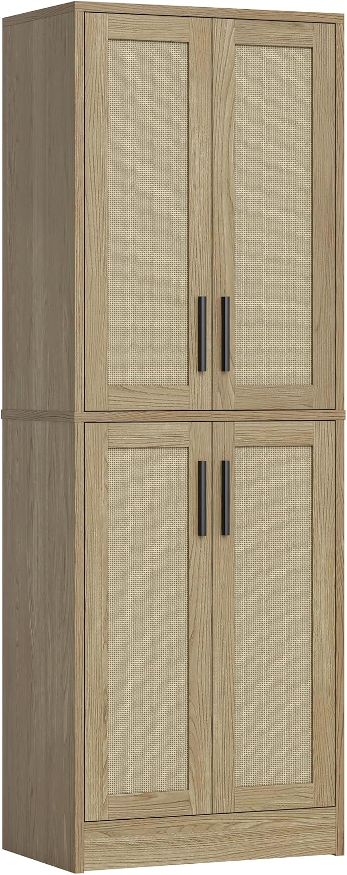 Pantry Cabinet - Tall Kitchen Pantry Storage Cabinet with 4 Rattan Doors and Adjustable Shelves, Wood Cupboard for Kitchen, Dining Room, Bathroom, Hallway, Laundry Room, Living Room