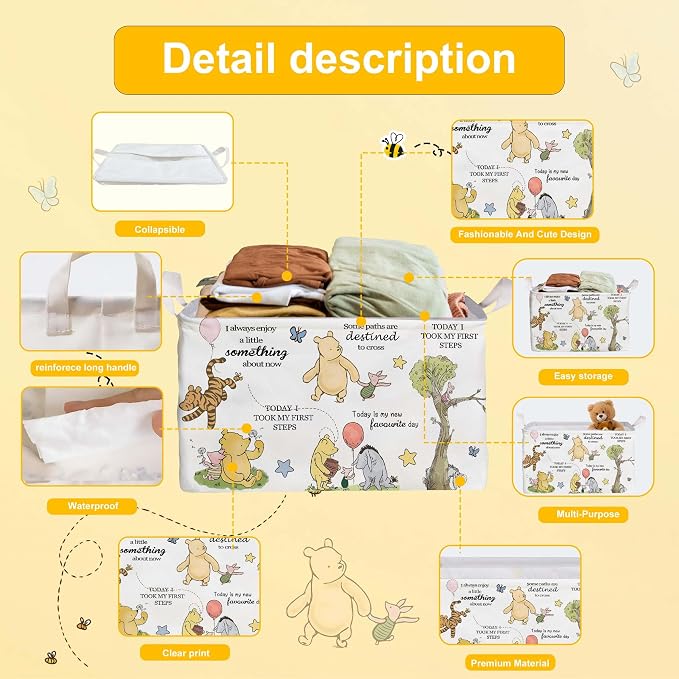 Winnie Storage Basket, The Pooh Nursery Baby Stuff, Winnie Nursery Storage Baske Storage Basket With A Waterproof PE Coating, Foldable Large Canvas Laundry Hamper Suitable For Bathroom and Bedroom