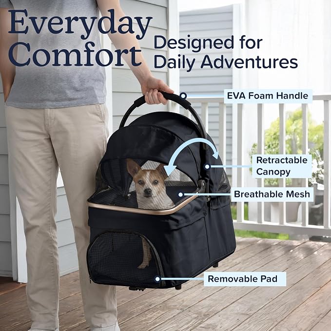 2-in-1 Pet Stroller with Detachable Carrier - Lightweight Foldable Dog Strollers for Small Dogs and Cats - Cat Carrier with 4 Shock Absorbing Wheels, Cupholders and Storage Basket by PETMAKER (Black)