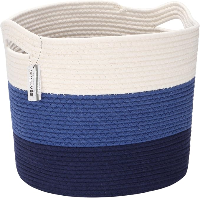 Sea Team Large Woven Cotton Rope Laundry Basket with Handles, 16 x 13 in | Collapsible Knitted Hamper, Closet Shelf Organizers, Containers for Clothing, Blankets, Toys, Bedding, Navy