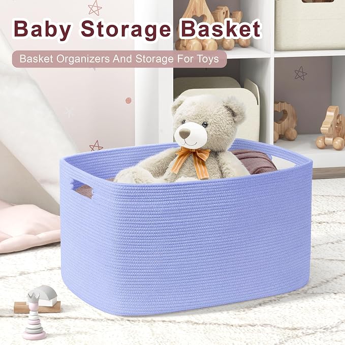 60L Woven Laundry Basket Hamper with Handles, Blue Purple | collapsible wicker hamper, storage for dirty clothes, toys, blankets, gifts, living room, bedroom, bathroom, 21"x15"x11"