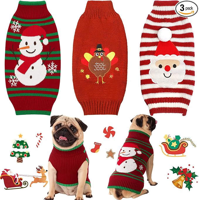 Sanwuta 3 Pcs Thanksgiving Christmas Dog Sweaters Sets, Medium | Turkey,Santa,Snowman Festive Design, Soft Smooth Knit Turtleneck, Warm Holiday Costume for Small Dog and Cat, Party Photoprop